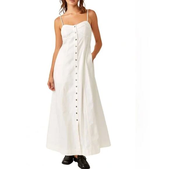 Free People Just Jill White Button Front Maxi Dress Cottage Style Size Small - Picture 3 of 9